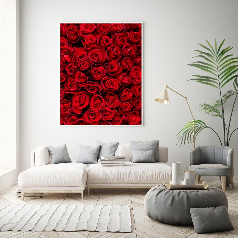 Silenzio, gepersonaliseerd (stockfoto rode rozen) akoestisch paneel met hoge absorptiewaarde in een zitruimte