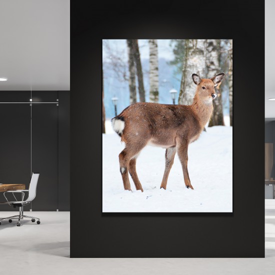 Silenzio, groot gepersonaliseerd (foto hert in sneeuw) akoestisch paneel met hoge absorptiewaarde in een kantoor