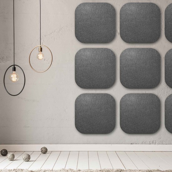 Whisperwool Wall Panel, wand voorzien van afgeronde vierkante akoestische wandpanelen kleur Zilvergrijs uitvoering Apps