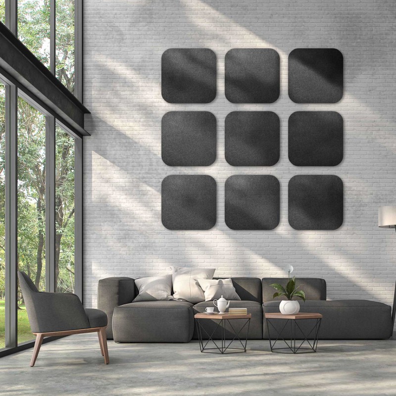 Whisperwool Wall Panel, wand voorzien van negen afgeronde vierkante akoestische wandpanelen kleur Anthraciet uitvoering Apps