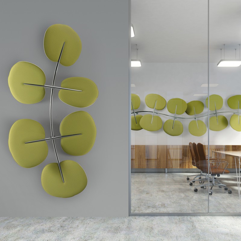 Snowsound Botanica Wall/Ceiling, twee akoestische objecten (horizontaal/verticaal gemonteerd) in kantoorruimte