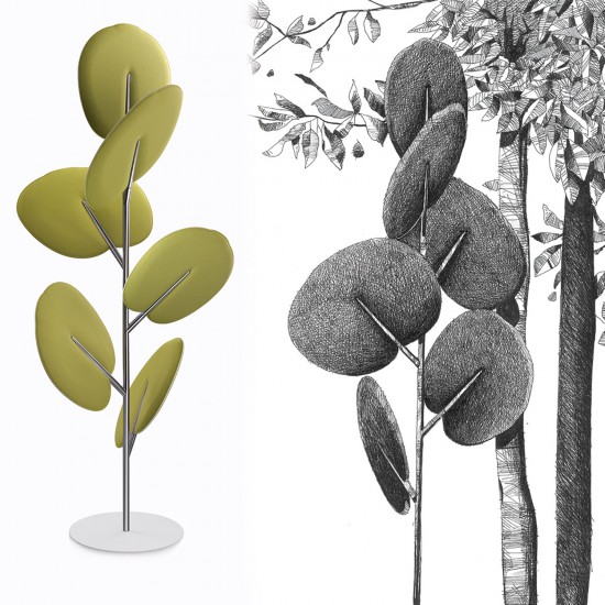 Snowsound Botanica Totem, vrijstaand akoestisch object met zes groene 'bladeren' gecombineerd met schets