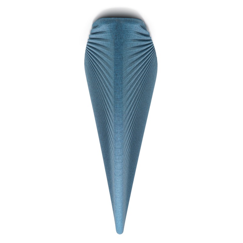 Snowsound Pinna, vooraanzicht van de blauwe geplooide stof waardoor het geluidsabsorberende oppervlak wordt vergroot