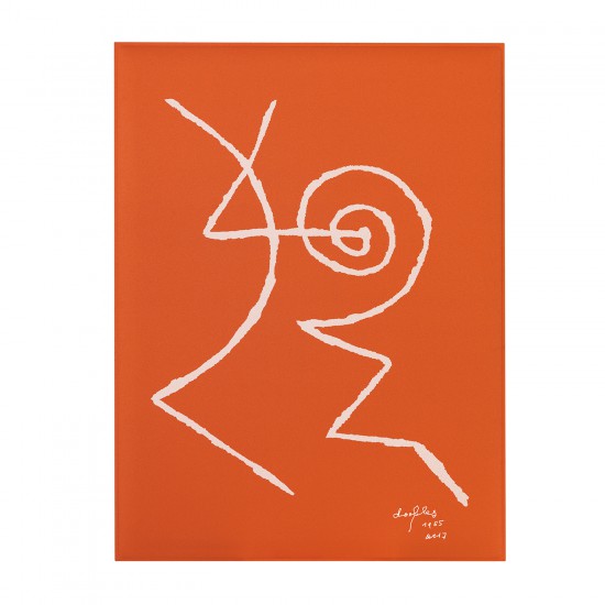 Snowsound Art, oranje rechthoekig akoestisch paneel met reproductie van Gillo Dorfles