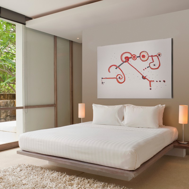 Snowsound Art, wit rechthoekig akoestisch wandpaneel met gekleurde reproductie in slaap- hotelkamer
