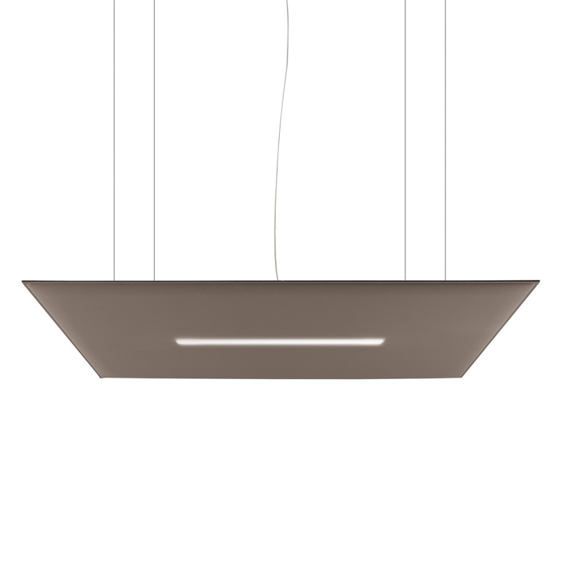 Snowsound Oversize Lux, detail van de ophanging aan staaldraden van grootformaat akoestisch paneel voorzien van LED-armatuur